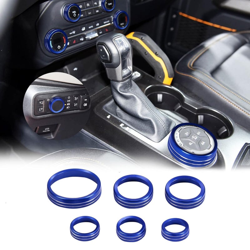 BORUIEN for Ford Bronco Accessories 2021-2025 Air Conditioner Headlight Switch Knob 4WD Wheel Drive Trailer Gear Switch Knob Cover Accessories Aluminum 6pcs Blue - Image 1